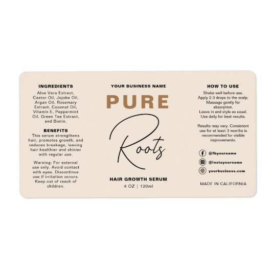 Minimalist Neutral Beige Hair Oil Dropper Bottle Etiket (Voorkant)