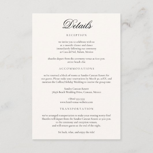 Minimalist Neutral Tropical Beach Wedding Details Informatiekaartje (Voorkant)