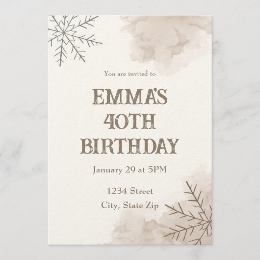 Minimalist Neutral Winter 40th Birthday Invitation Kaart (Voorkant)