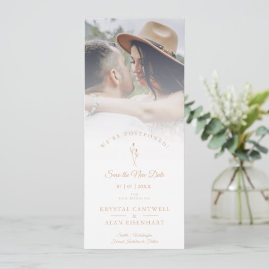 Minimalist New Date Botanical Postponed Wedding Save The Date (Staand voorkant)