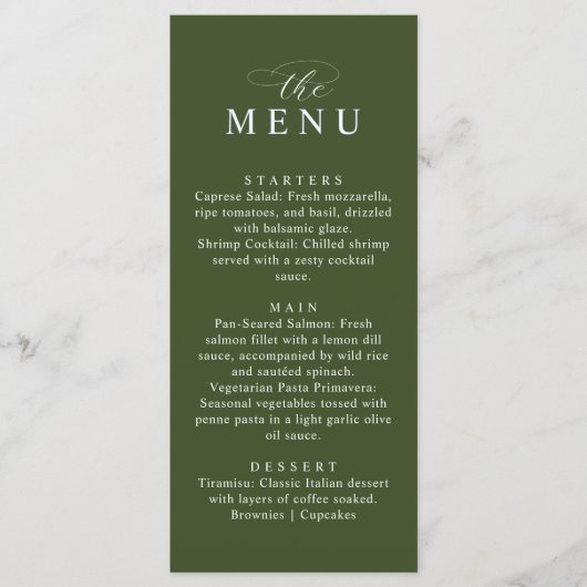 Minimalist Olive Green Elegant Wedding Dinner Menu (Voorkant)