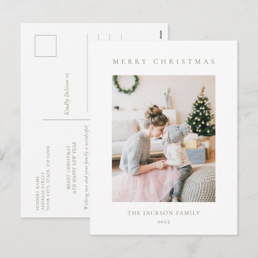 Minimalist Olive Green Merry Christmas Photo Feestdagenkaart (Voorkant / Achterkant)