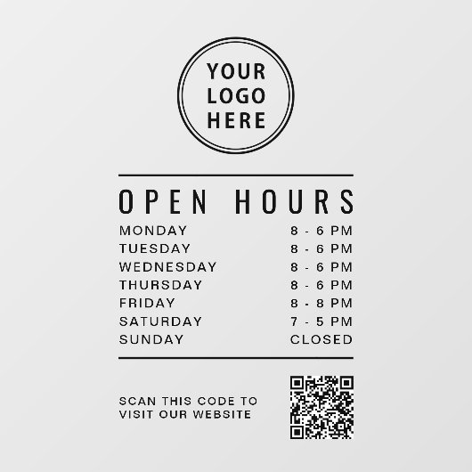 Minimalist Open Hours QR Code Business Logo Raamsticker (Vel)