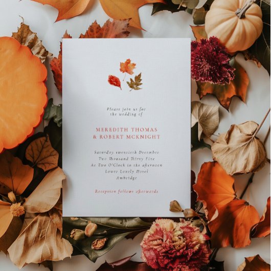 Minimalist Orange Autumn Leaves Wedding Kaart
