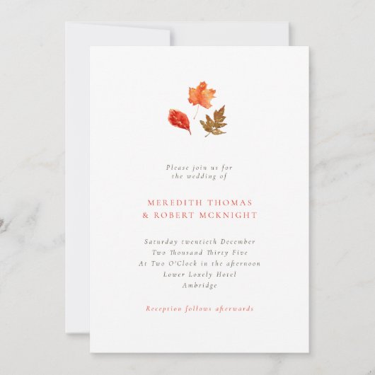 Minimalist Orange Autumn Leaves Wedding Kaart (Voorkant)