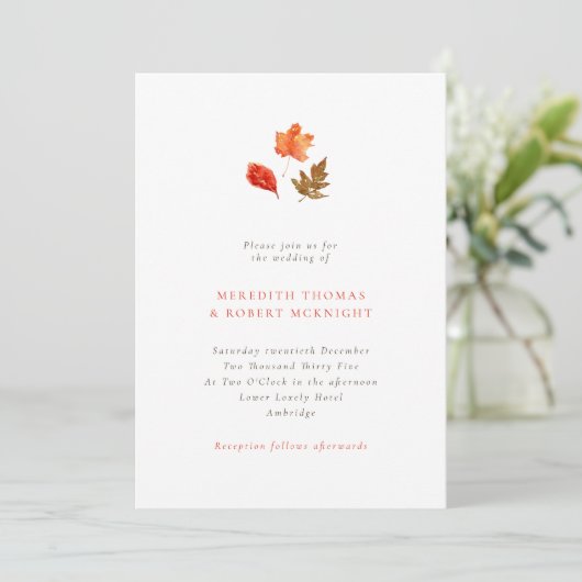 Minimalist Orange Autumn Leaves Wedding Kaart (Staand voorkant)