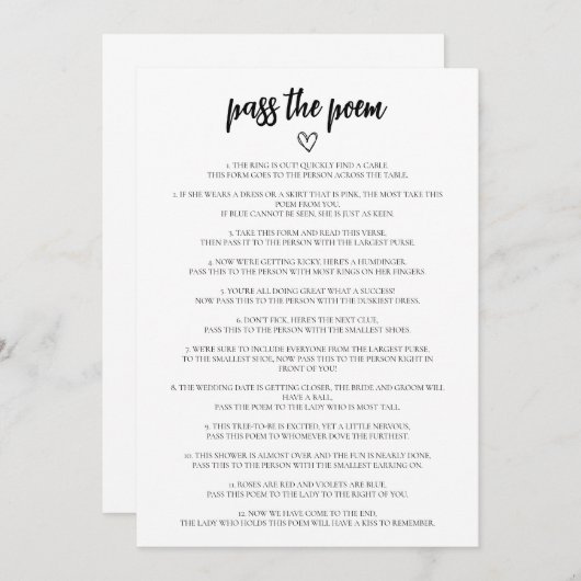 Minimalist Pass het gedicht Vrijgezellenfeest Game Kaart (Voorkant / Achterkant)