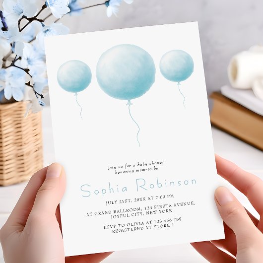 Minimalist Pastel Blue Balloons Baby Boy Shower Kaart
