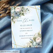 Minimalist Pastel Blue White Gold Peony Save Date Kaart