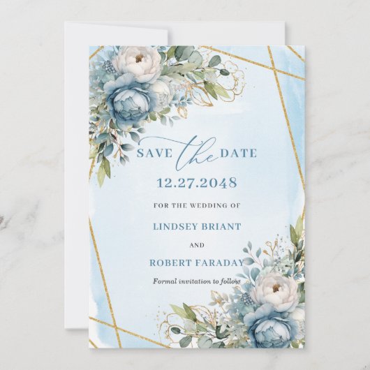 Minimalist Pastel Blue White Gold Peony Save Date Kaart (Voorkant)