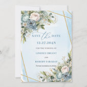 Minimalist Pastel Blue White Gold Peony Save Date Kaart (Voorkant)