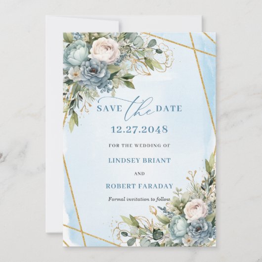 Minimalist Pastel Blue White Gold Peony Save Date Kaart (Voorkant)