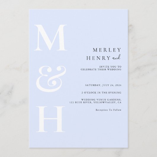 Minimalist Pastel Blue White Monogram Wedding Kaart (Voorkant)