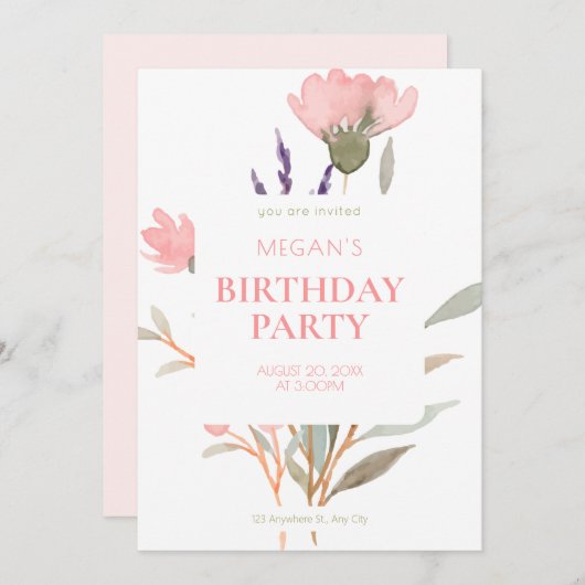 Minimalist Pastel Floral Waterverf verjaardag Kaart (Voorkant / Achterkant)