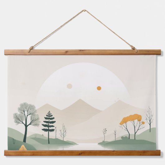 Minimalist Pastel Mountain Landscape Serene Lake Hangend Wandkleed (Voorkant)