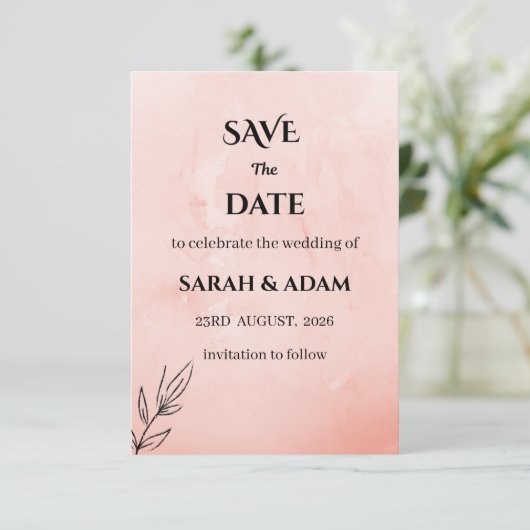 Minimalist Peach Botanical Save the Date (Staand voorkant)