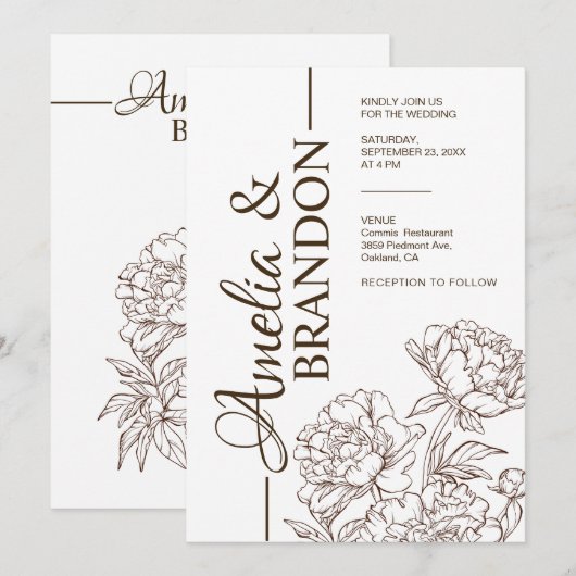 Minimalist Peony Wedding Invitation Luxury Kaart (Voorkant / Achterkant)