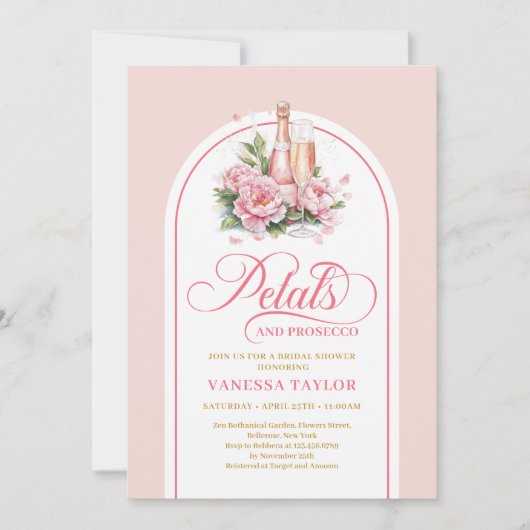 Minimalist petals and prosecco invite boho arch kaart (Voorkant)