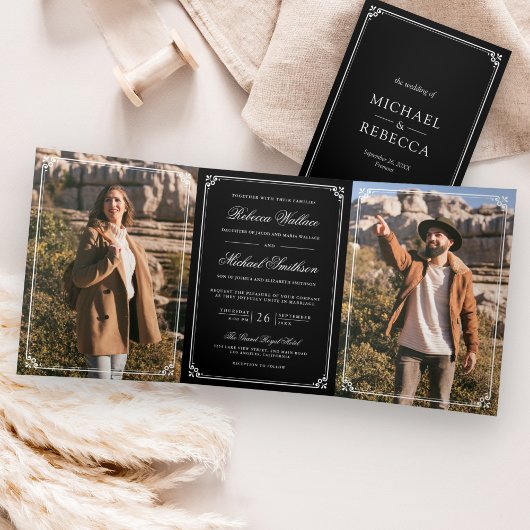 Minimalist Photo Black and White QR Code Wedding Drieluik Uitnodiging