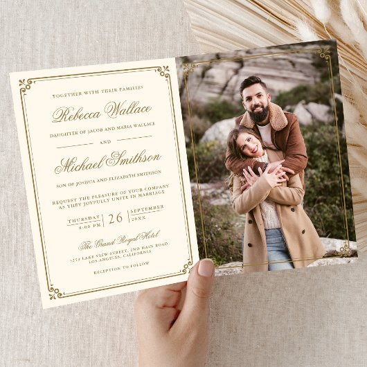 Minimalist Photo Cream Gold QR Code Wedding