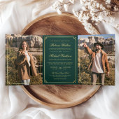 Minimalist Photo Emerald Gold QR Code Wedding Drieluik Uitnodiging