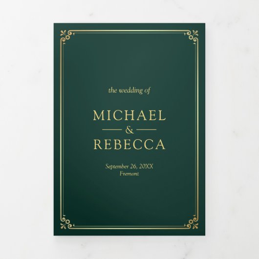 Minimalist Photo Emerald Gold QR Code Wedding Drieluik Uitnodiging (Cover)