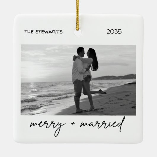 Minimalist Photo Merry & Married Elegant Simple Keramisch Ornament (Achterkant)