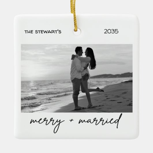 Minimalist Photo Merry & Married Elegant Simple Keramisch Ornament (Voorkant)