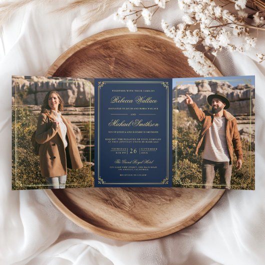 Minimalist Photo Navy Blue Gold QR Code Wedding Drieluik Uitnodiging
