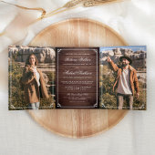 Minimalist Photo Rustic Barn Wood QR Code Wedding Drieluik Uitnodiging