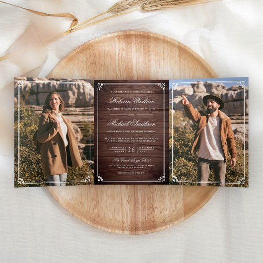 Minimalist Photo Rustic Barn Wood QR Code Wedding Drieluik Uitnodiging
