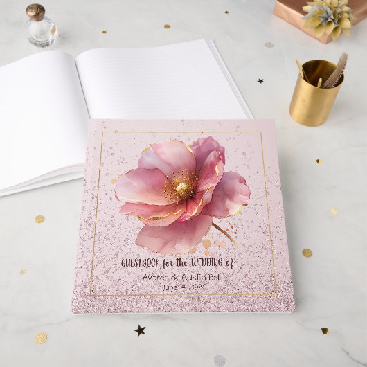 Minimalist Pink and Gold Poppy Wedding Gastenboek (Voorkant open)