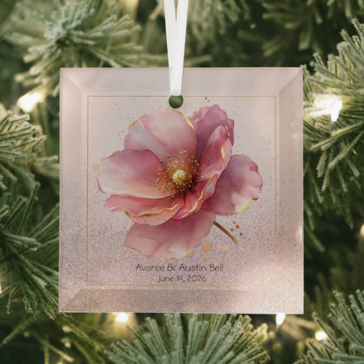 Minimalist Pink and Gold Poppy Wedding Glas Ornament (Insitu)