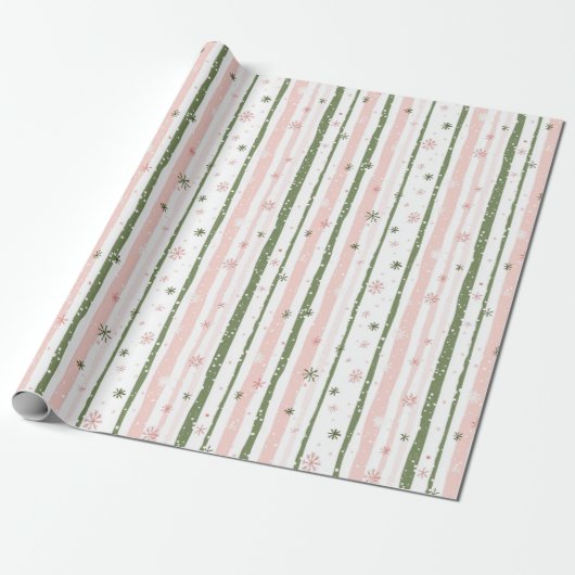 Minimalist Pink and Green Snowflakes Pattern  Cadeaupapier (Uitgerold)