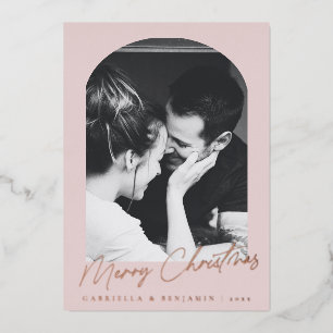 Minimalist Pink Arch Twee foto Christmas Roos Gold Folie Feestdagenkaart