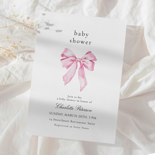 Minimalist Pink Bow Baby Shower Invitation Kaart