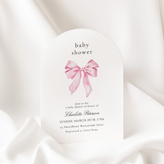 Minimalist Pink Bow Baby Shower Invitation Kaart