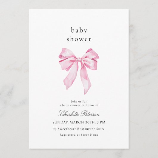 Minimalist Pink Bow Baby Shower Invitation Kaart (Voorkant)