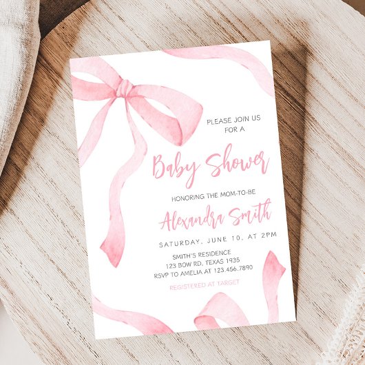 Minimalist Pink Bow Baby Shower Kaart