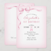 Minimalist Pink Bow First Birthday Invitation Kaart (Voorkant / Achterkant)