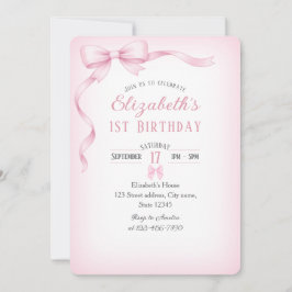 Minimalist Pink Bow First Birthday Invitation Kaart