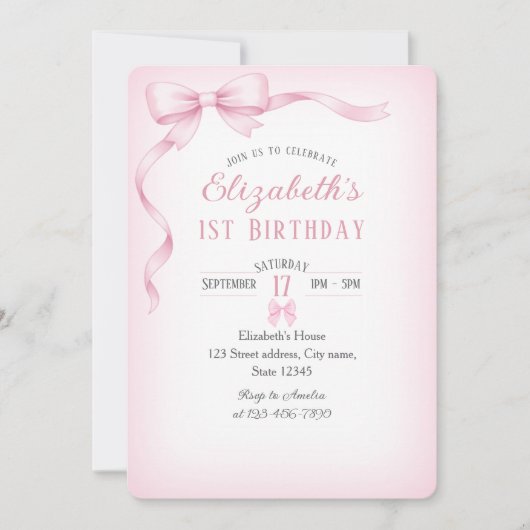 Minimalist Pink Bow First Birthday Invitation Kaart (Voorkant)