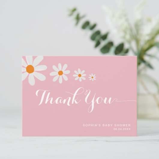 Minimalist Pink Daisy Flowers Girly Baby Shower Bedankkaart (Staand voorkant)