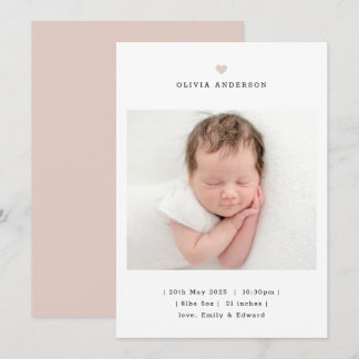 Minimalist Pink Heart Girl Birth Announcement Aankondiging