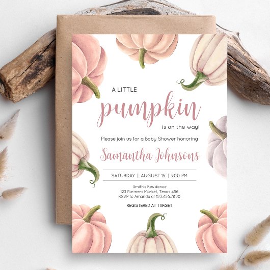 Minimalist Pink Pumpkin Fall Baby Shower Kaart