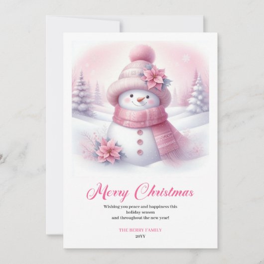 Minimalist Pink Snowman Kids Editable Christmas  Feestdagenkaart (Voorkant)