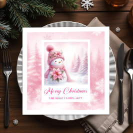 Minimalist Pink Snowman Kids Winter Forest Pinkmas Servet