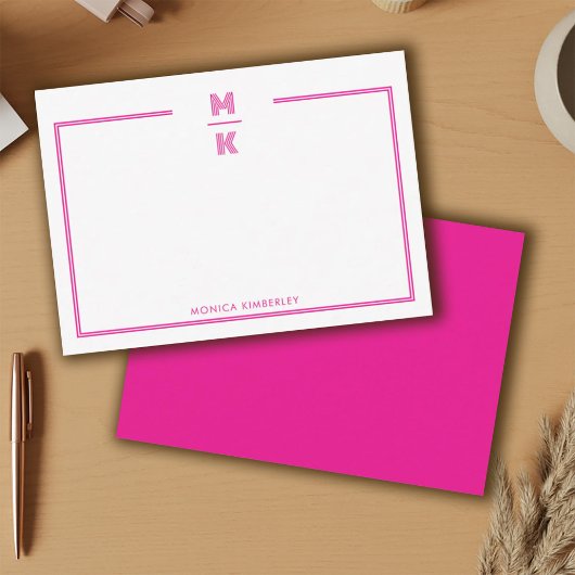 Minimalist Pink Two Border Monogram Note Card Notitiekaartje