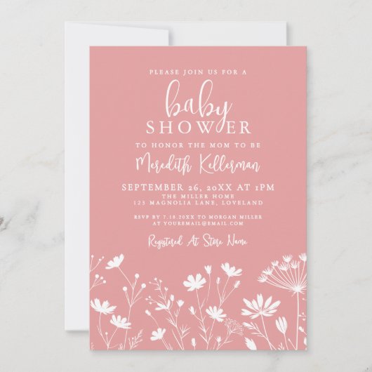 Minimalist Pink Wildflower Baby Shower Kaart (Voorkant)