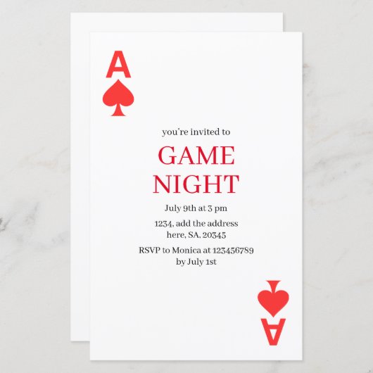 Minimalist Playing Kaart Game Night Details toevoe (Voorkant / Achterkant)